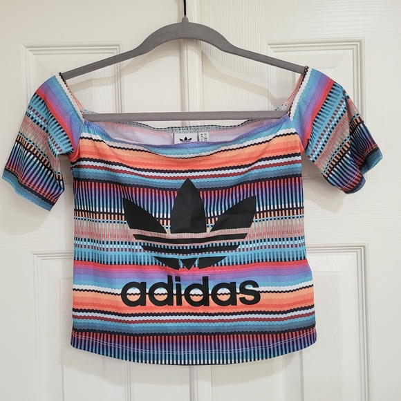 Adidas Originals X Farm Off-Shoulder Multi Striped Crop Top Size Small - Picture 3 of 5